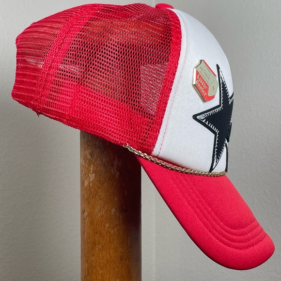 NEW Red & White Mesh Trucker Snap Back Hat Black Star Checkered Flags Cherries main image 9